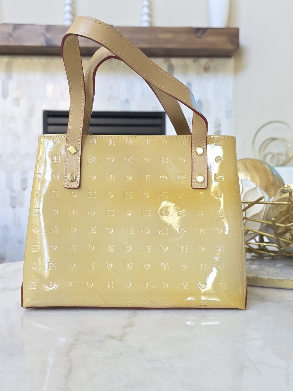 Arcadia Yellow Ombre Patent Leather Embossed Logo Tote Satchel Bag